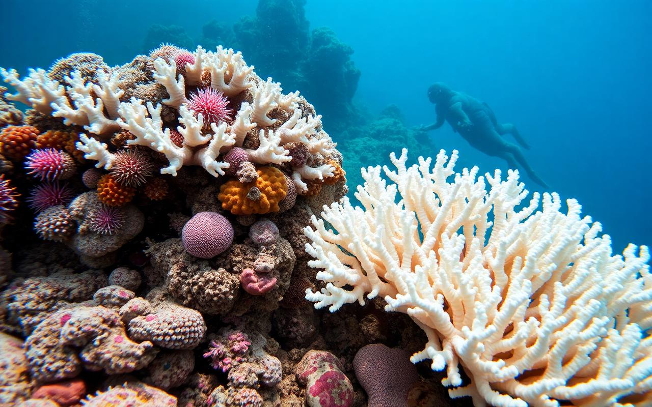 Bleached white coral next to healthy coral on an Asian reef