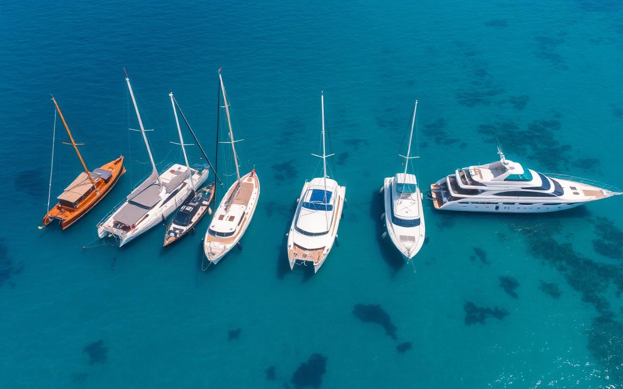Aerial view of different categories of dive boats moored in a tropical bay