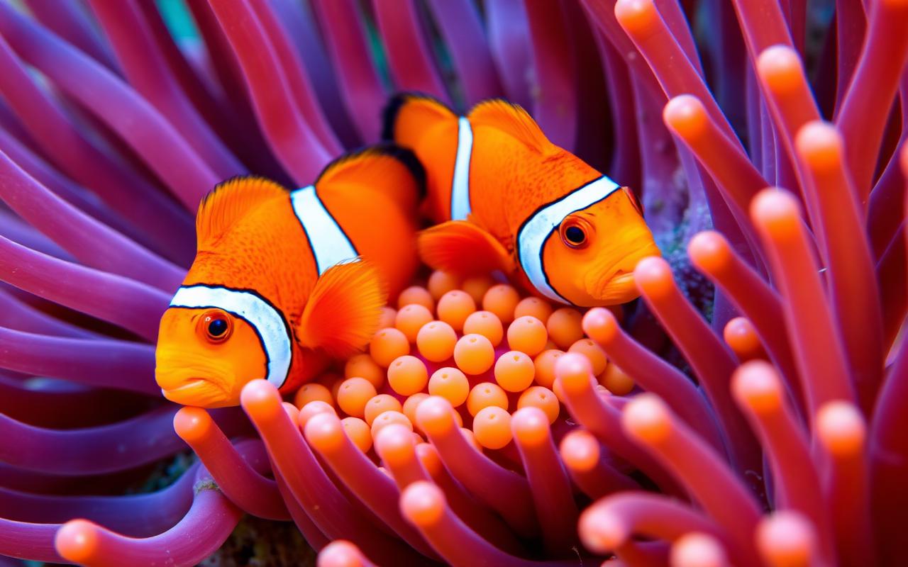Pair of clownfish tending a cluster of orange eggs in a purple anemone