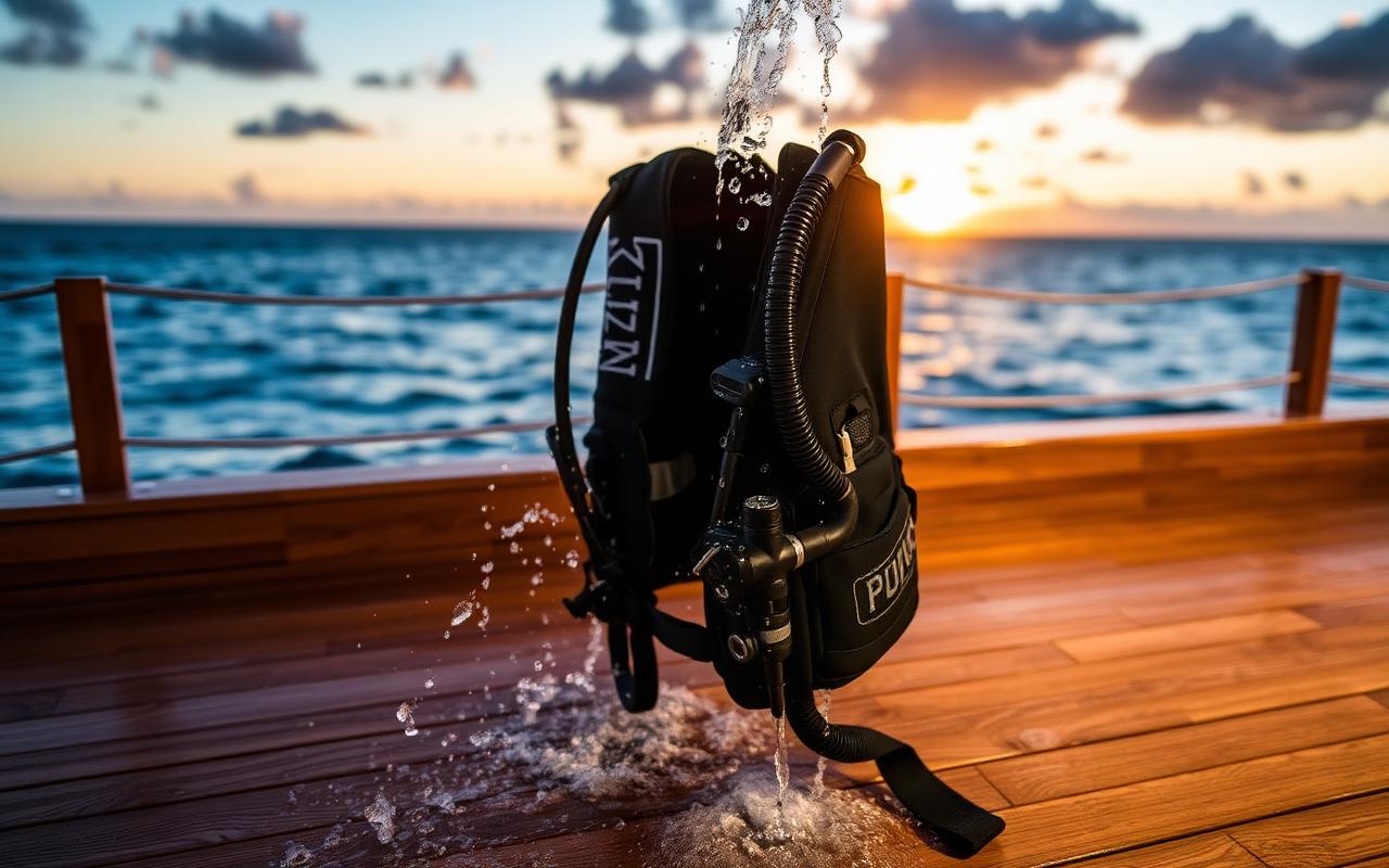 Scuba regulator and BCD being rinsed with fresh water on a teak deck