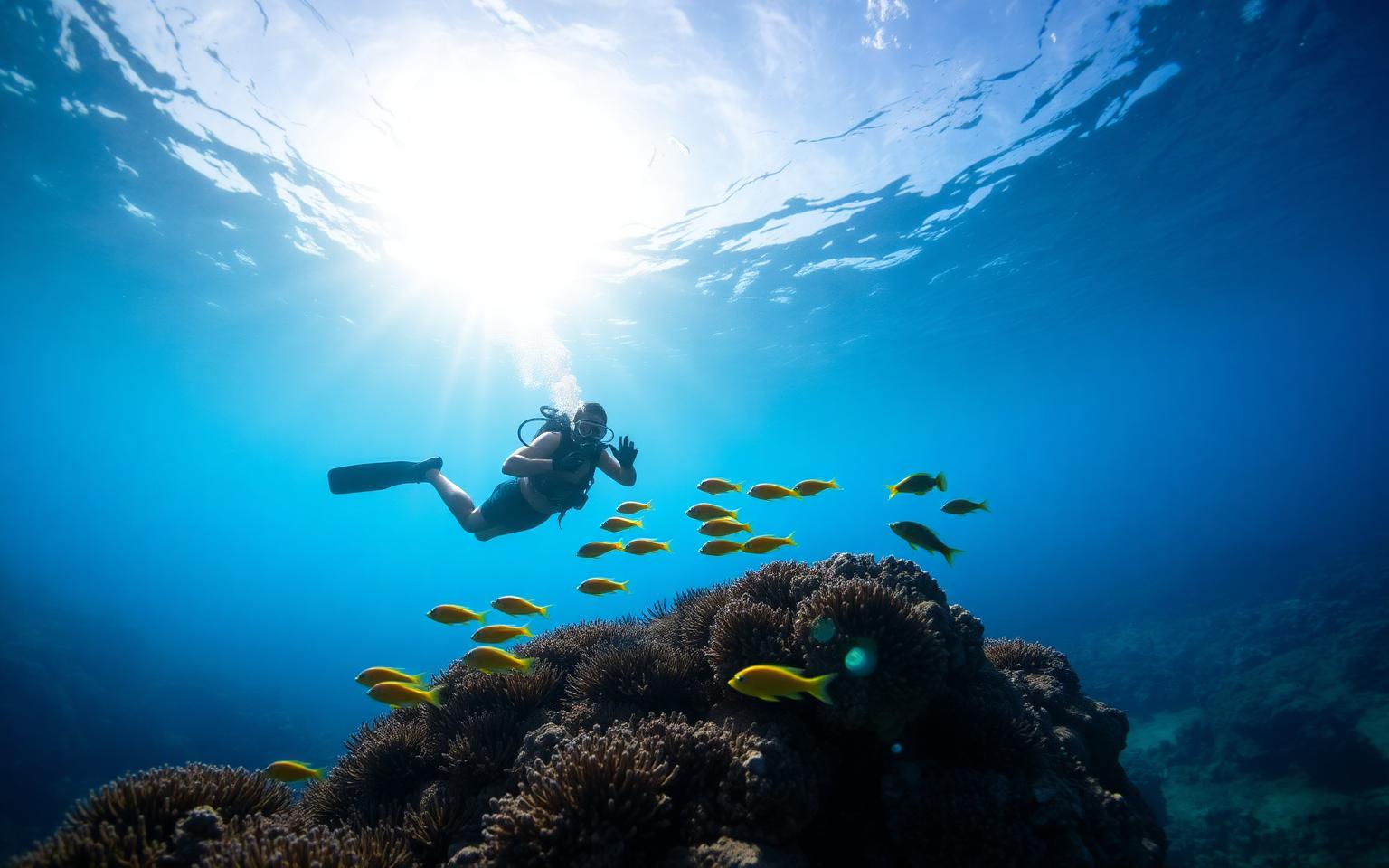 Sea turtle gliding above a shallow reef in clear turquoise water