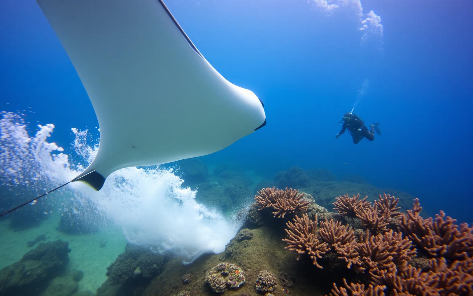 Manta ray cruising over Karang Makassar cleaning station in Komodo