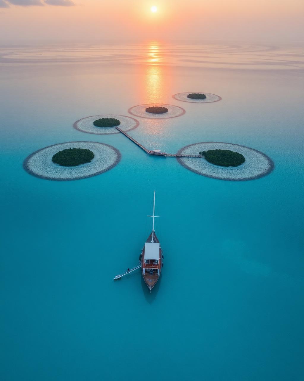 Aerial drone view of a luxury Phinisi liveaboard at golden hour in the Maldives