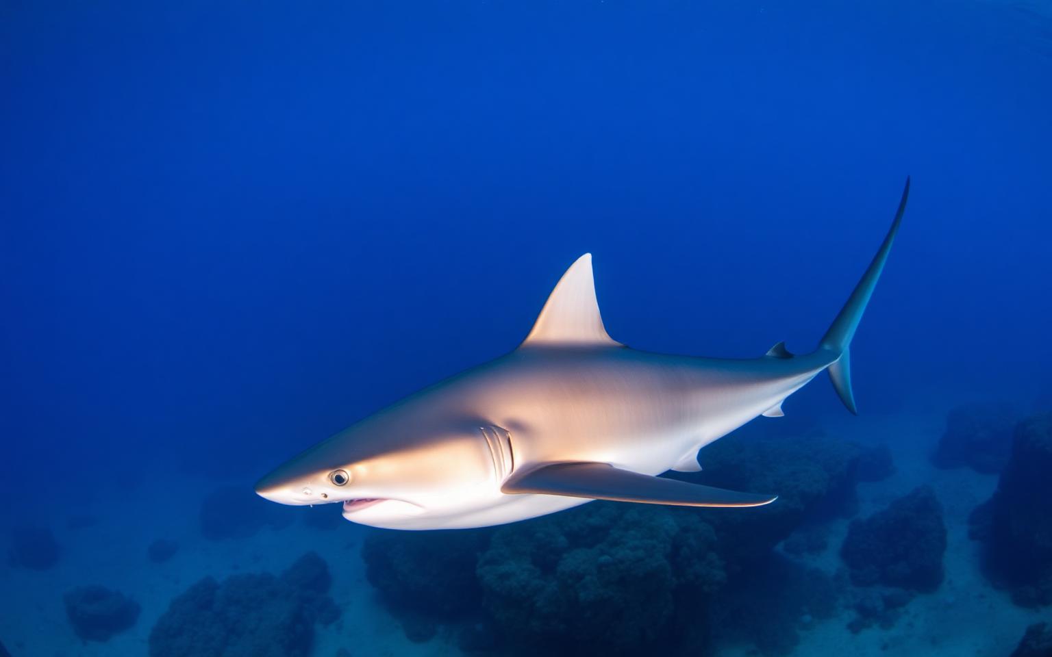 Pelagic thresher shark with elongated tail at Monad Shoal cleaning station