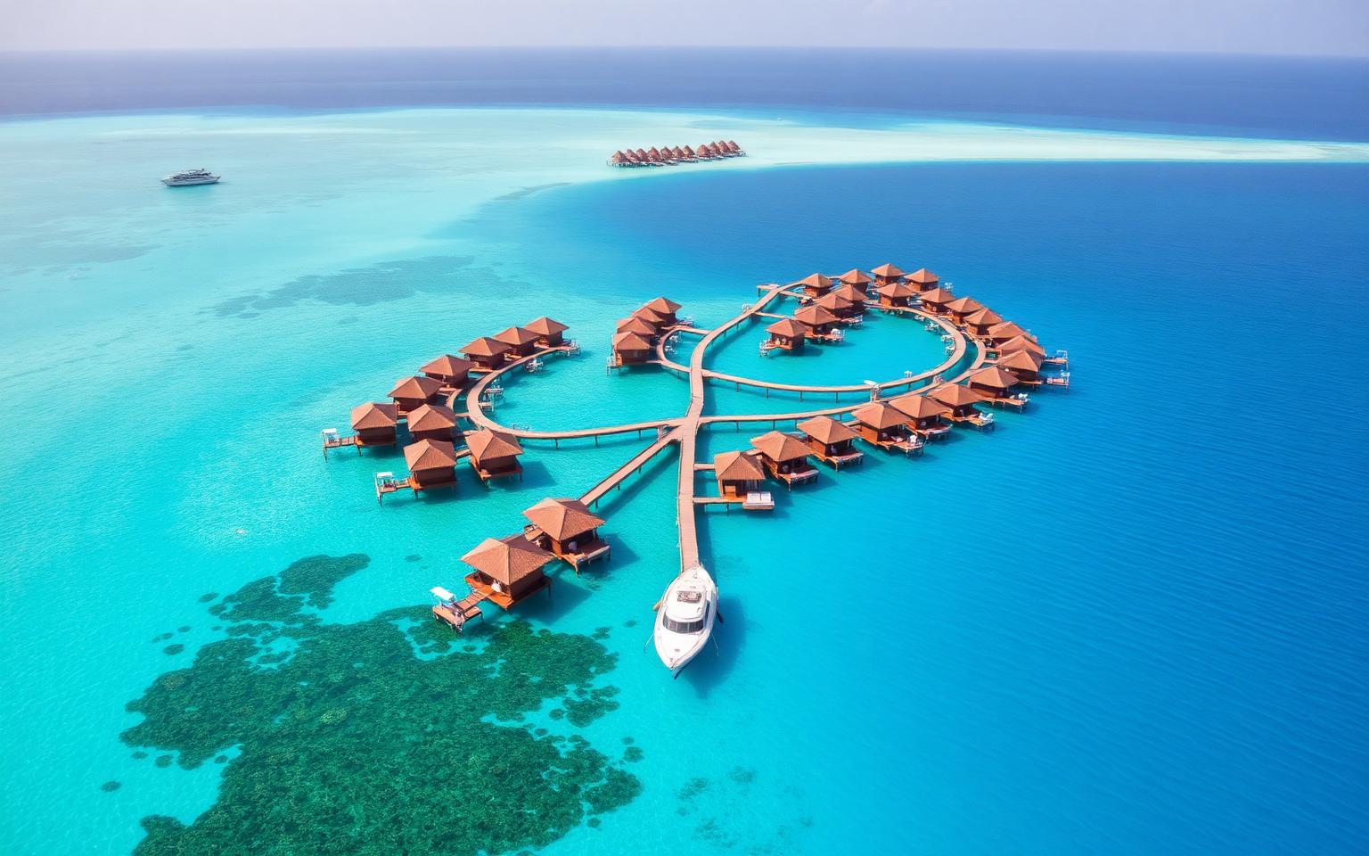 Aerial view of a Maldivian atoll with turquoise lagoon and outer reef