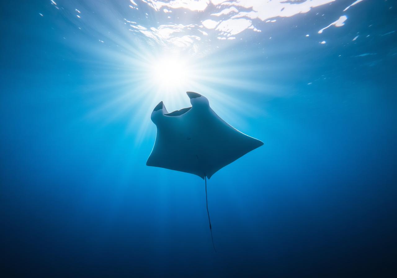 Manta ray silhouetted against shafts of sunlight