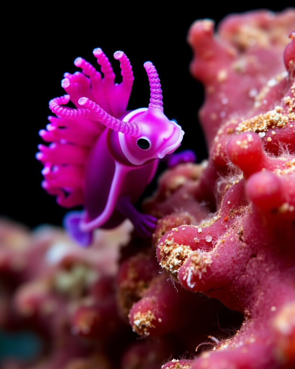 Macro shot of a vivid pink nudibranch on coral