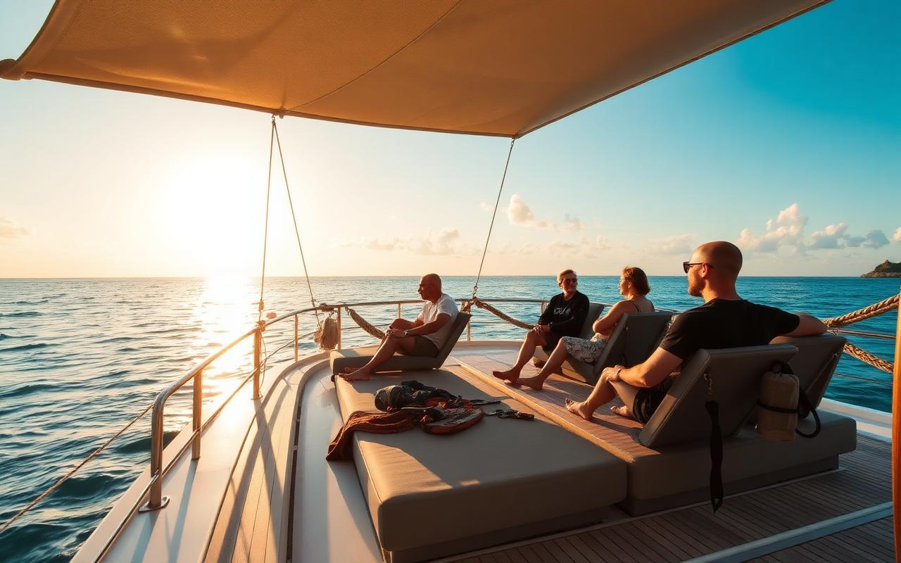 Divers relaxing on the sundeck of a luxury liveaboard at golden hour