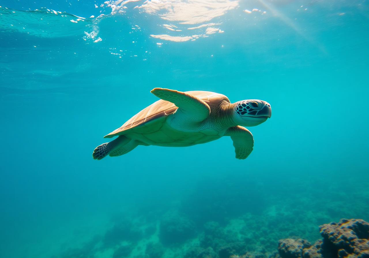 Tortue verte nageant au-dessus d'un récif corallien à Redang