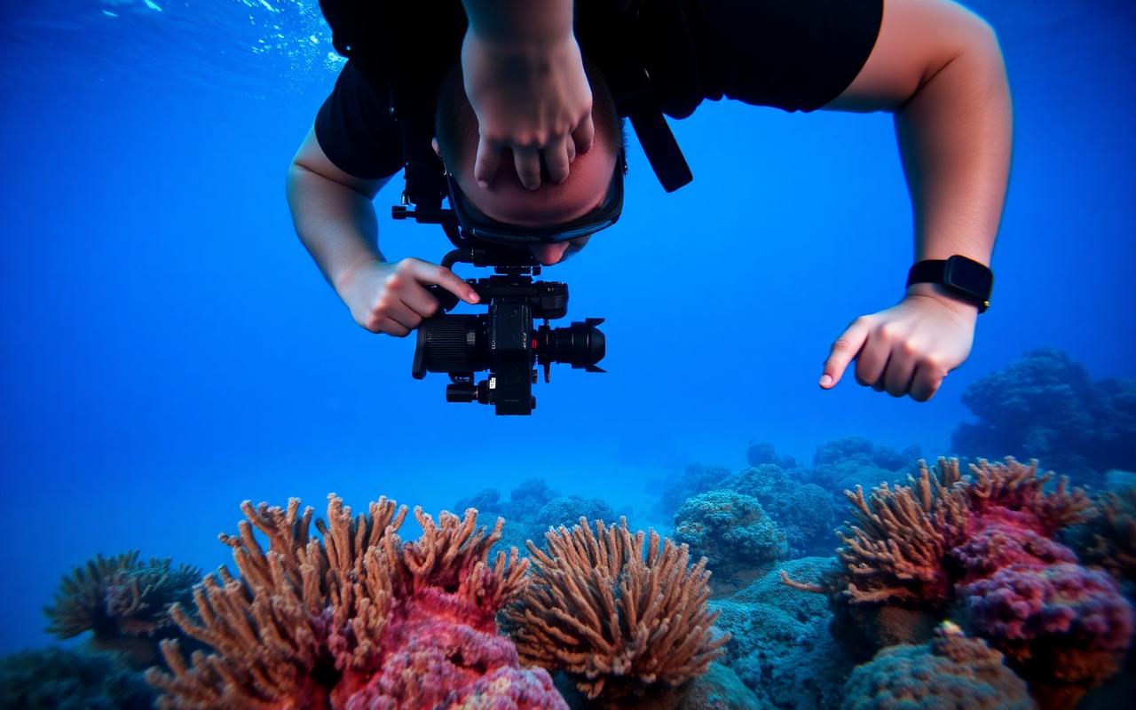 Underwater photographer carefully framing a coral reef without contact