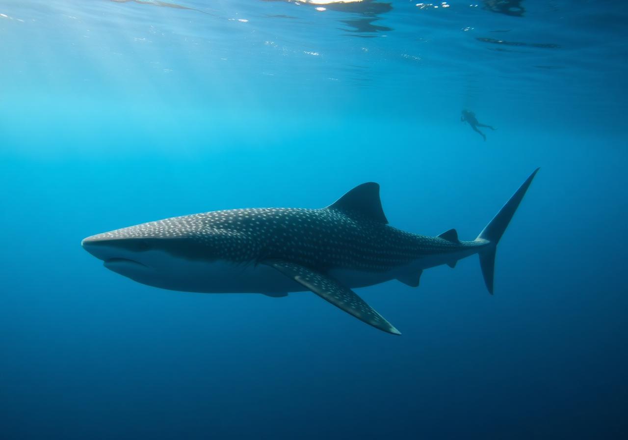 Whale shark gliding under the surface with a distant diver