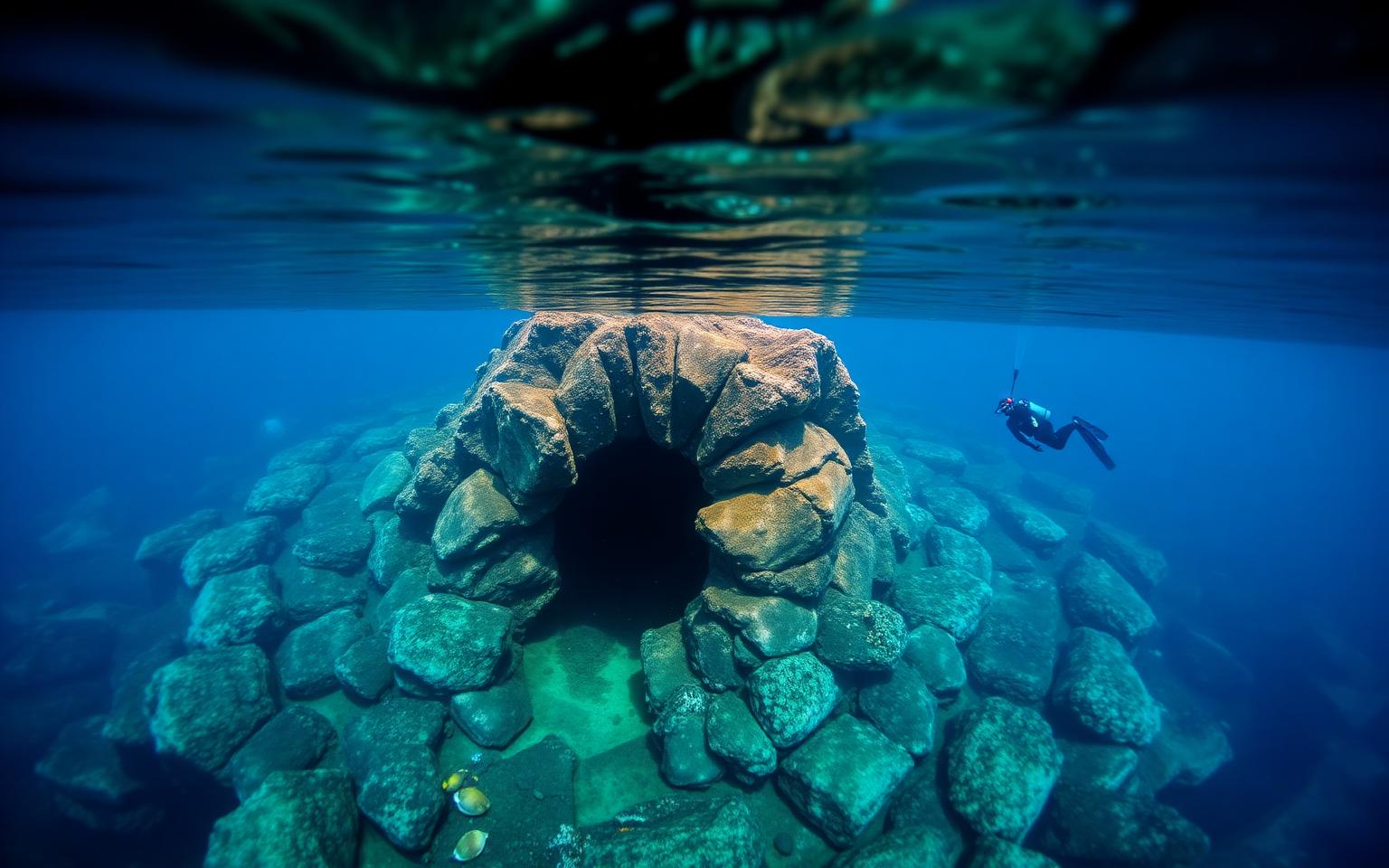Diver above the stepped Yonaguni Monument in southern Japan