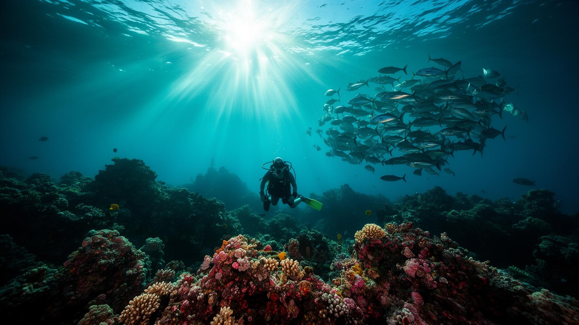 A scuba diver gliding over a vibrant coral reef in Raja Ampat, Indonesia